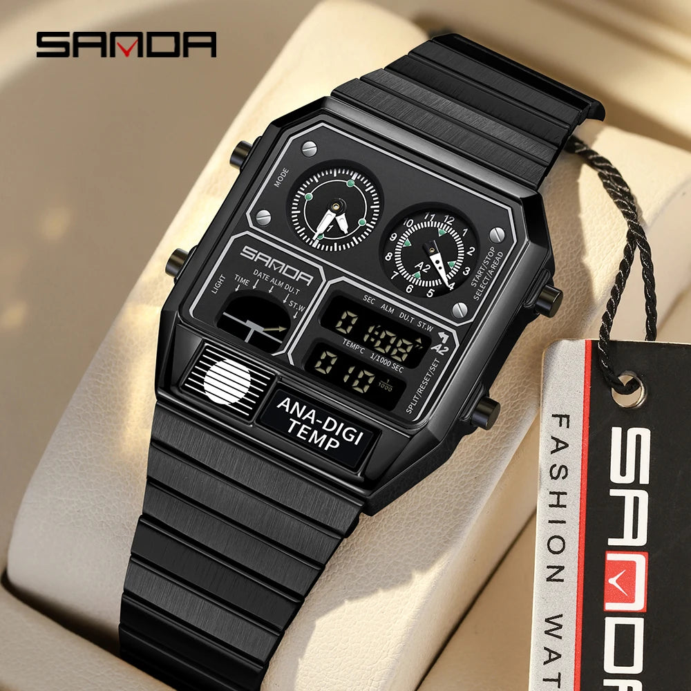 SANDA 3192 hot selling LED electronic square men's youth leisure thermometer stopwatch timing code multifunctional men's watch