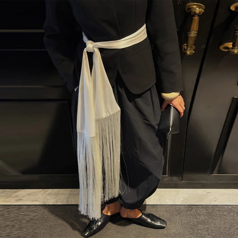 Layered Tassel Long Sash Belt Pleated Wide Waistband Wrap Tie Tassels Contrast Color Waist Accessory 2026 Trendy Women Outfits
