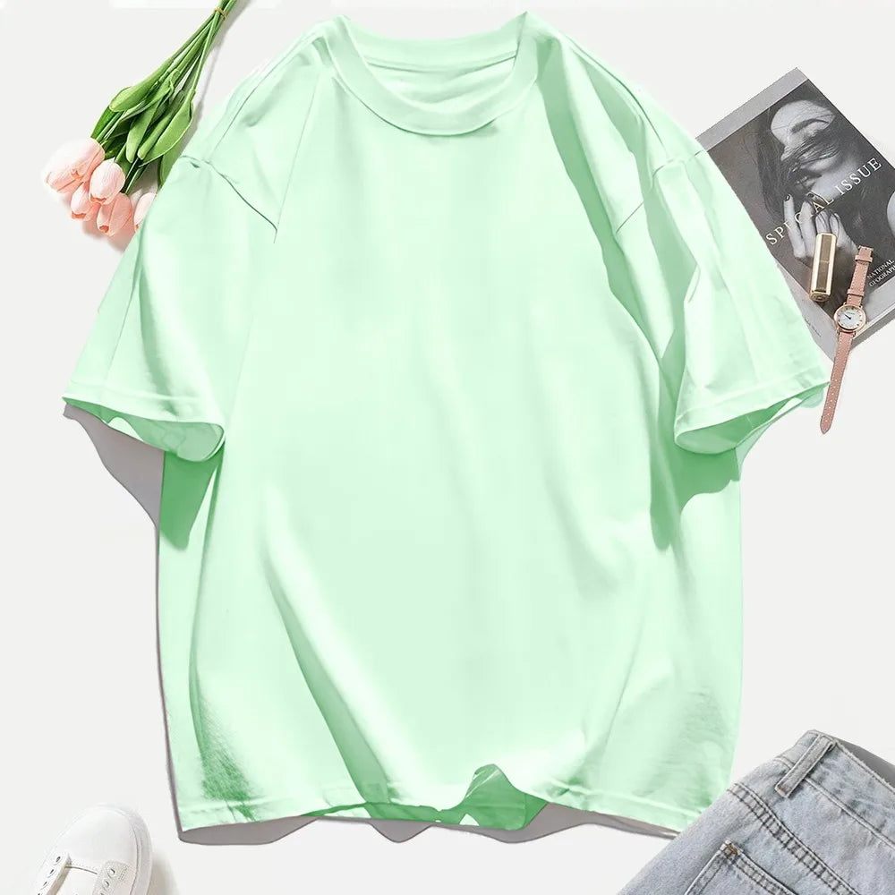 Y2K Woman 100% Cotton T Shirts Solid Color Casual T-Shirt O-Neck Summer Tops For Women Fashion Oversized Female Sportswear