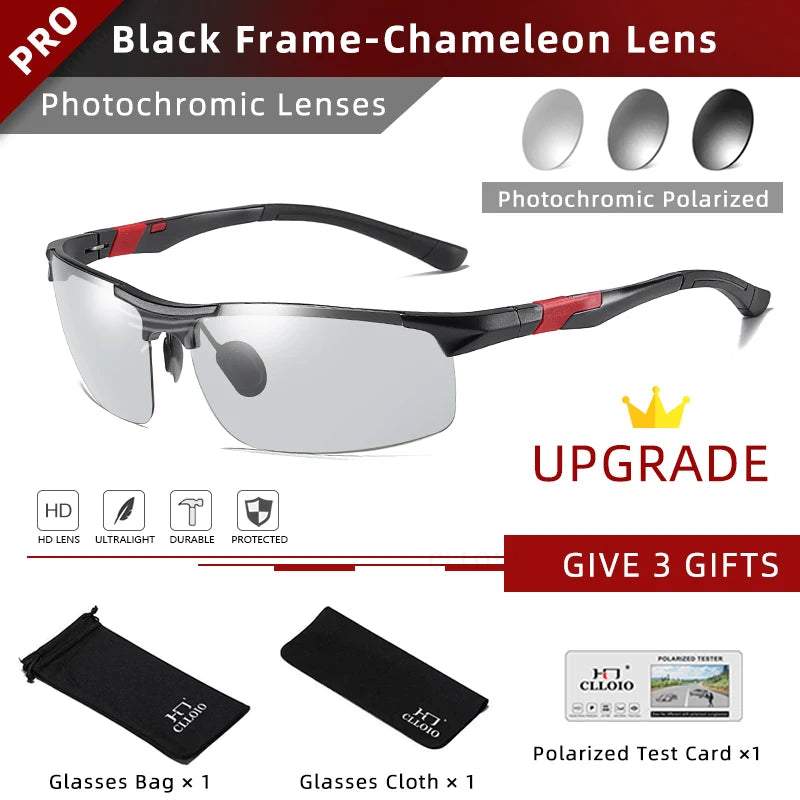 CLLOIO Aluminum Photochromic Sunglasses Men Polarized Day Night Driving Chameleon Glasses Anti-Glare Change Color Sun Glasses UV