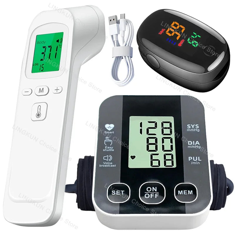 Medical Arm Blood Pressure Meter Tensiometers Tonometer Cuff Fever Thermometer Oximeter Heart Rate 3 IN 1 Set