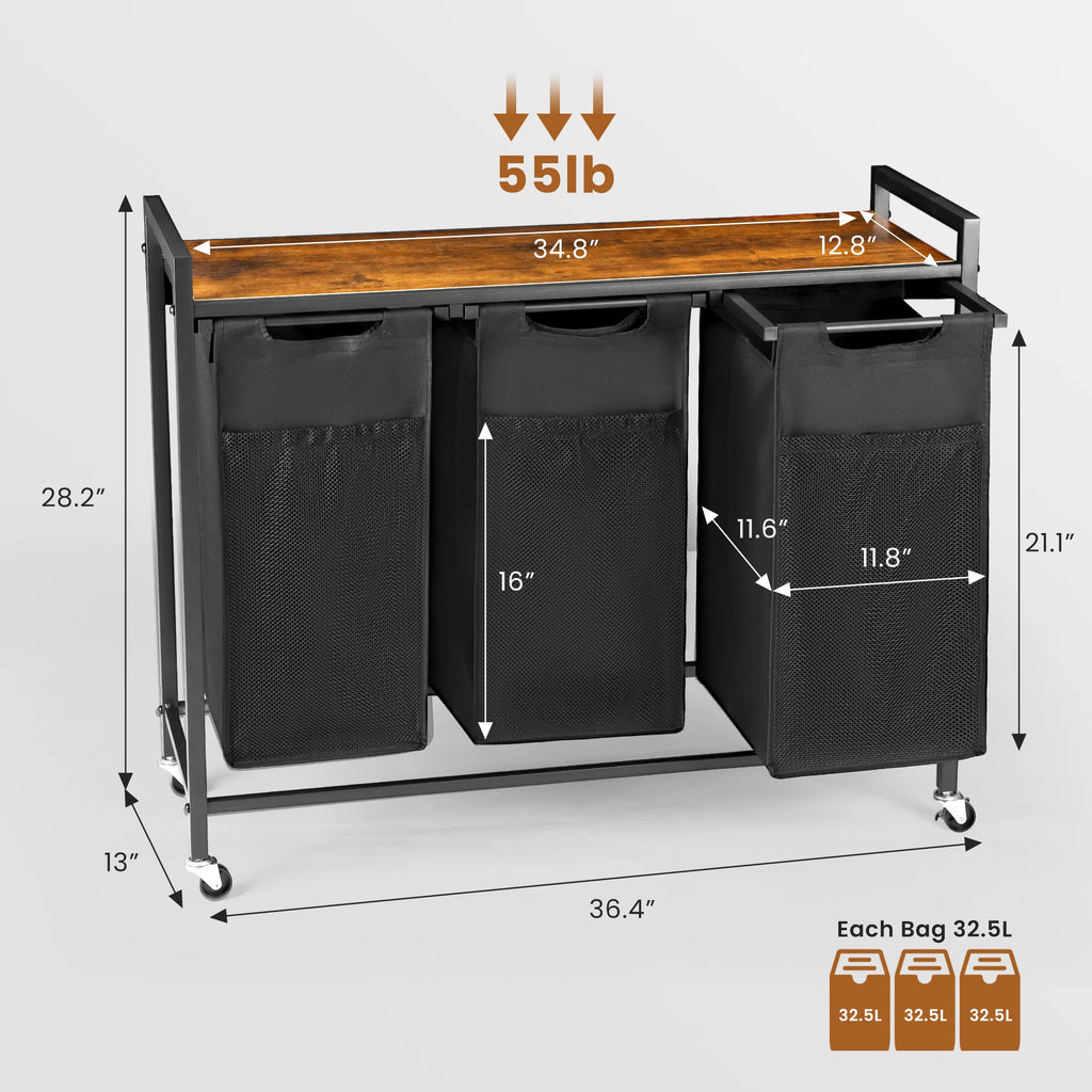 MCQ 36IN Laundry Hampers with Movable Wheels Metal Frame and Pull-Out Removable Sorter Bags Clothes Basket Organizer for Home