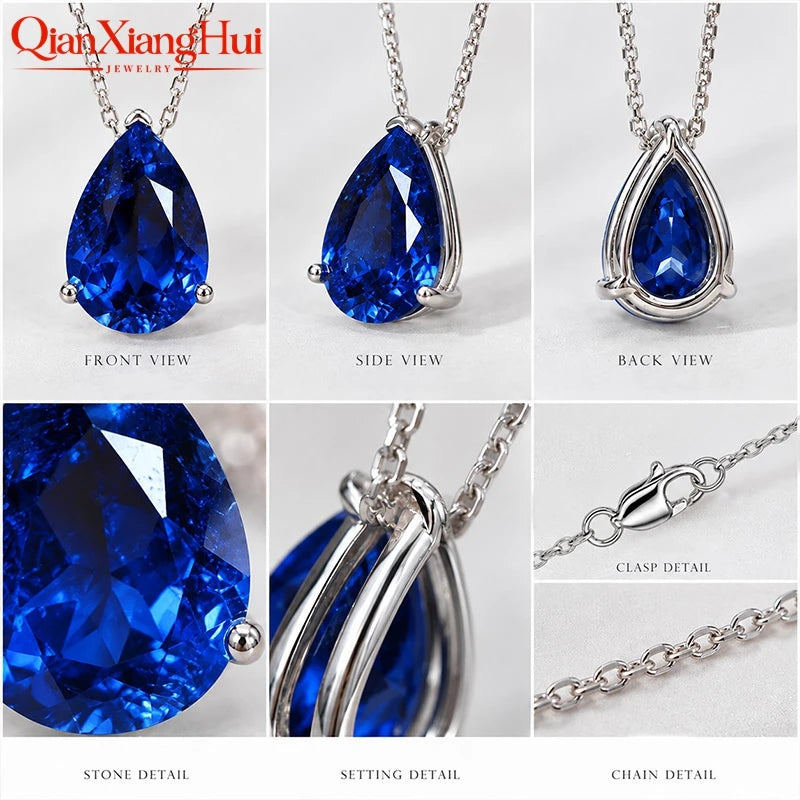 925 Silver Pear Shape 7ct 10x14mm Royal Blue/Cornflower Blue Lab Grown Created Sapphire Inclusions Stone Jewelry Pendant Necklac