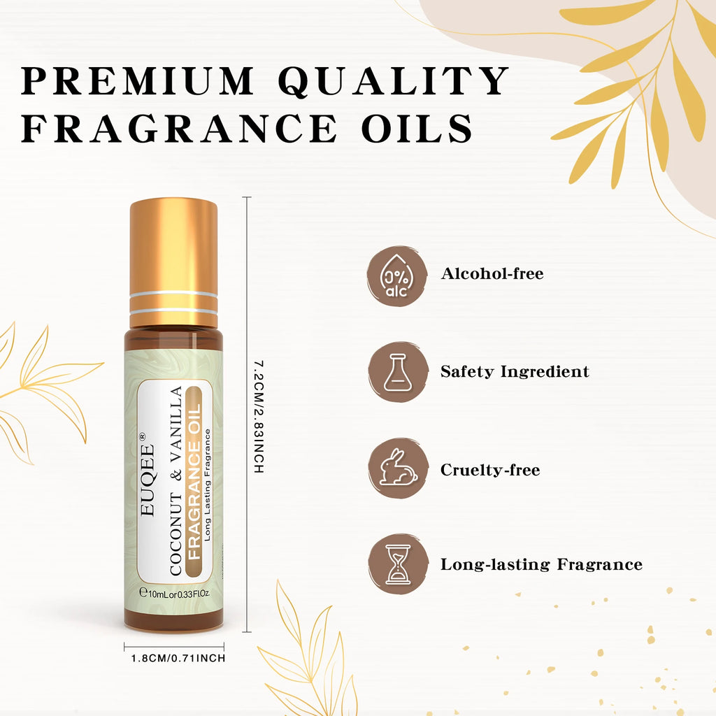 EUQEE 10ml Roll-on Coconut & Vanilla Fragrance Oil For Diffuser Candle Making DIY Perfume Aroma Oils for Aromatherapy