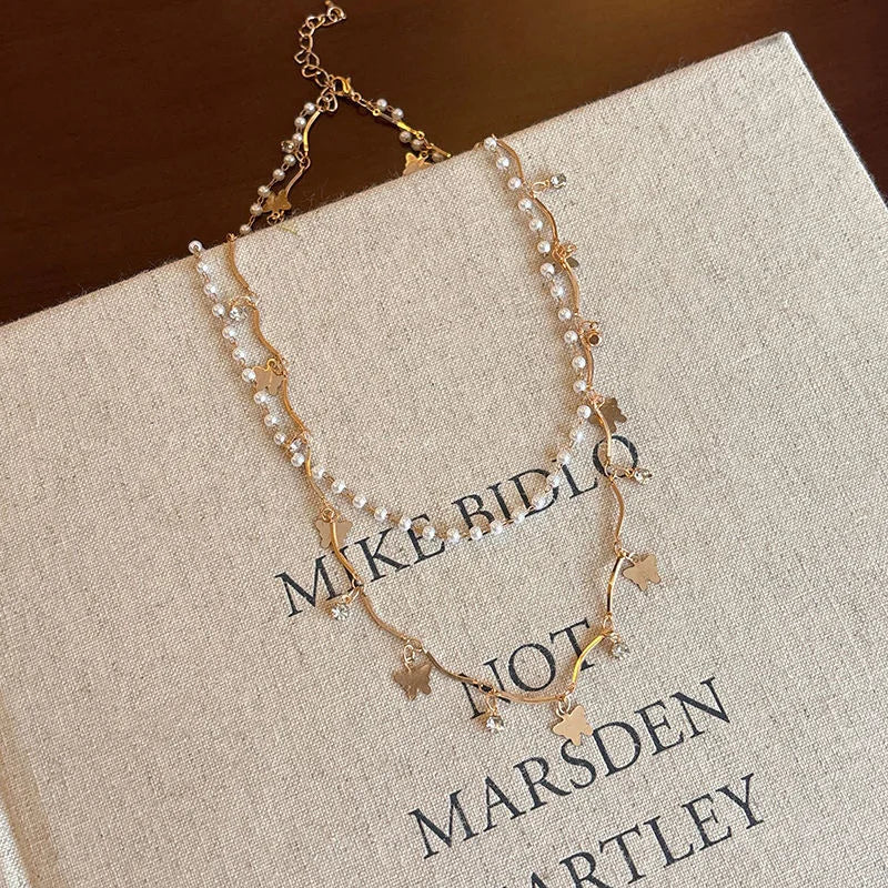 Luxury Crystal Zircon Butterfly Tassel Necklace for Women Elegant Double Layer Clavicle Chain Necklace Party Wedding Jewelry