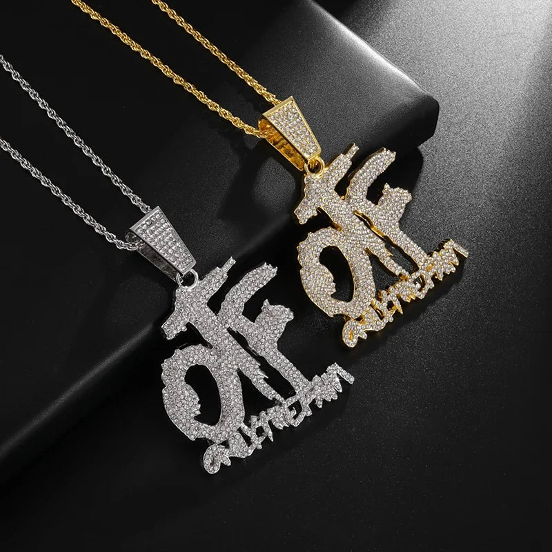 Luxurious Ice Crystal Zirconia Letter Otf Letter Pendant Necklace for Men and Women Fashion Rock Party Birthday Jewelry Gift