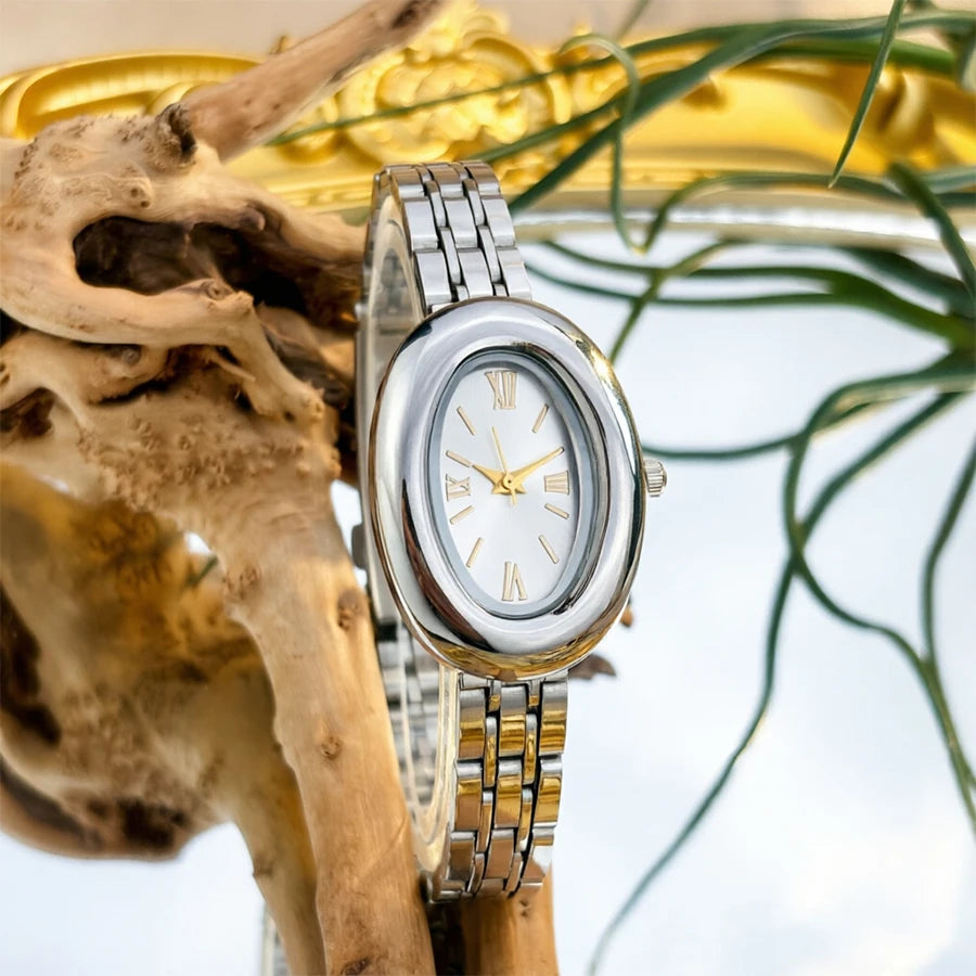 Women Watch Elegant - Vintage Bathtub Oval Dial Steel Strap Timepiece