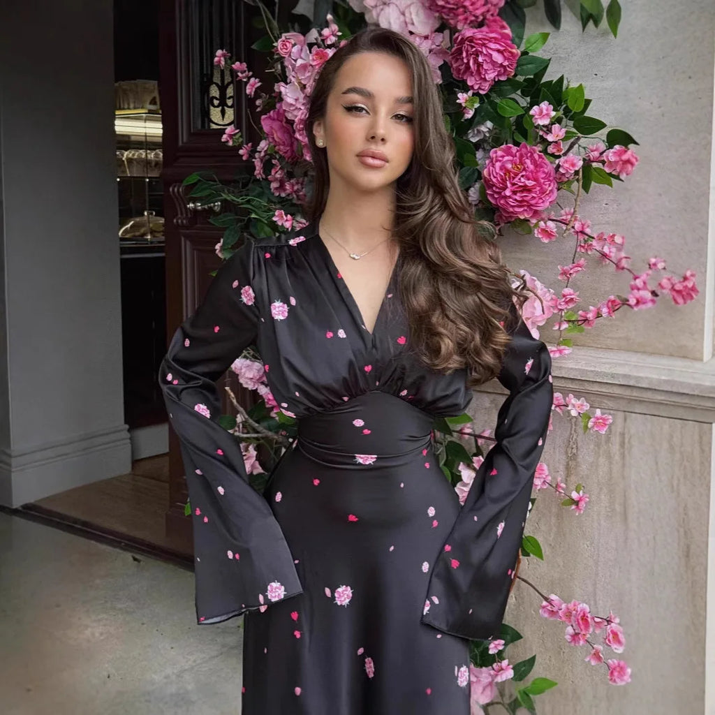 2025 Autumn Elegant Printed Satin Long Dress Women Slim Lace Up V-neck Full Sleeve Pleat Dresses Lady Party Evening Robes New