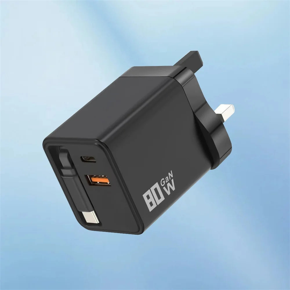 80W GaN USB Type C Charger Fast Charging With Built-in PD Cable USB C Quick Charger EU/US/UK Plug For iPhone 17 16 Xiaomi Huawei