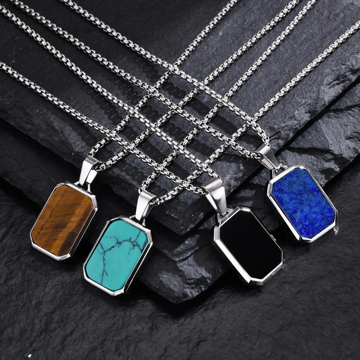 Trendy Pendant Necklaces for Men,Square Natural Stone Stainless Steel Necklaces,Hip Hop Healing Jewelry Gifts for Husband Dad