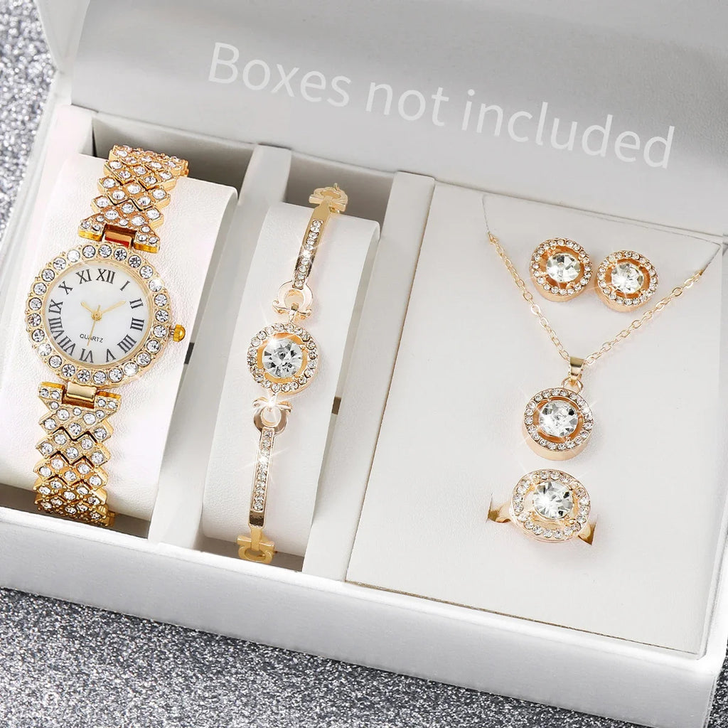 6PCS/Set Luxury Women Watches Fashion Rhinestone Roma Dial Bracelet Band Quartz Watch Jewelry Set Reloj Mujer（Without Box）