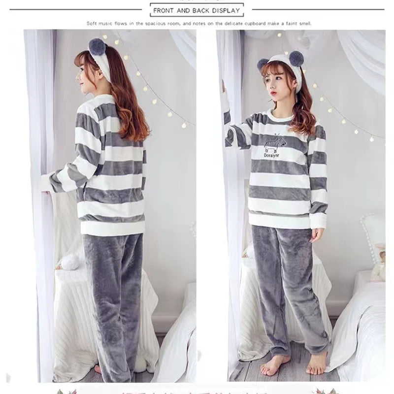 2-Piece Autumn And Winter Warm Flannel Thickening Home Wear Women's Winter Coral Fleece Pajamas Set Cartoon Ladies Pajamas Home