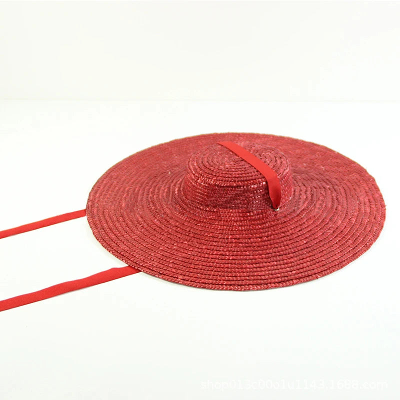 15cm Wide Brim Straw Hat Flat Top Summer Beach Hats for Women Ribbon Boater Hat Sun Hat Gray Black Red Pink Blue With Chin Strap