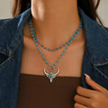 Layered Turquoise Bead Necklace for Women Western Bull Skull Pendant Double Chain Toggle Clasp Vintage Boho Neck Jewelry
