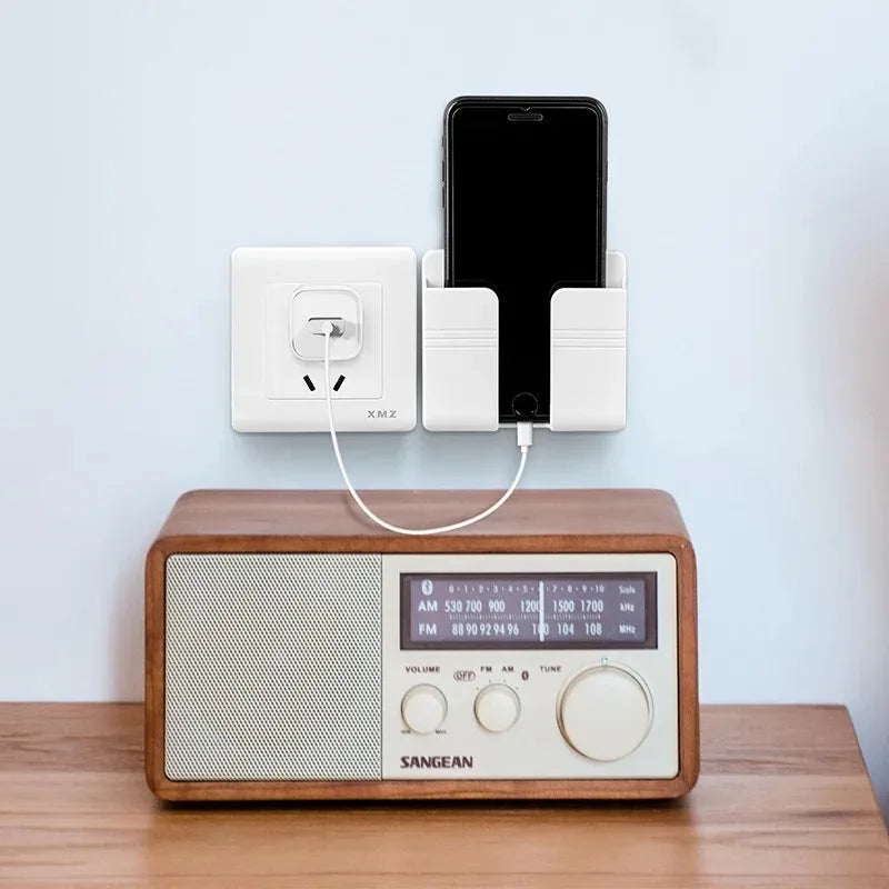 White Wall Mount Phone Holder with Lazy Desk Pad Remote Control Storage Box Punch Free Charging Stand for Mobile Phones