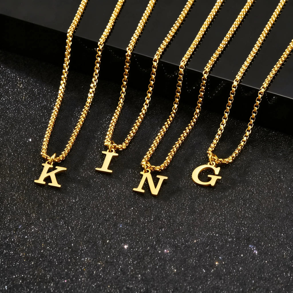 Simple Stainless Steel Initials Letters Necklace for Men Women,Hip Hop Gold Silver Color Box Chain Collars Jewelry Gift