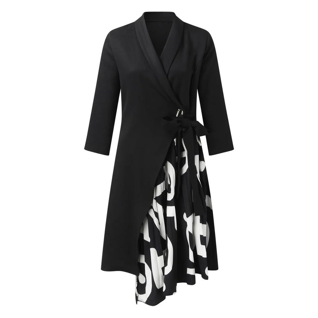 Autumn Fashion Women Patchwork Pleated Blazer Dress Elegant 3/4 Sleeve Lapel Lace-Up Dress Elegant Office Lady Slim Party Dress