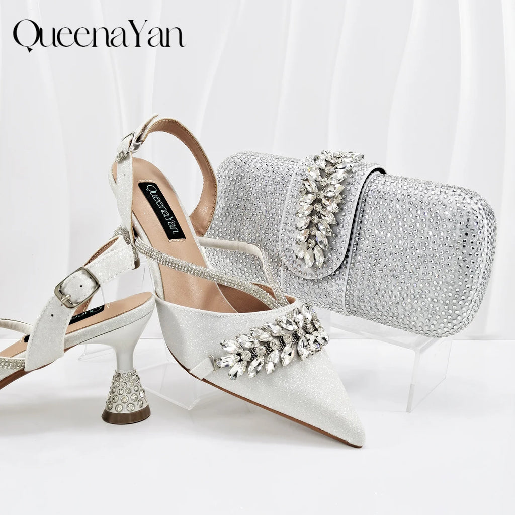 Queena Yan New Arrival Fashionable Olive Color Diamond Decorative Party Wedding Pointed Toe Women's High Heels and Bag Set