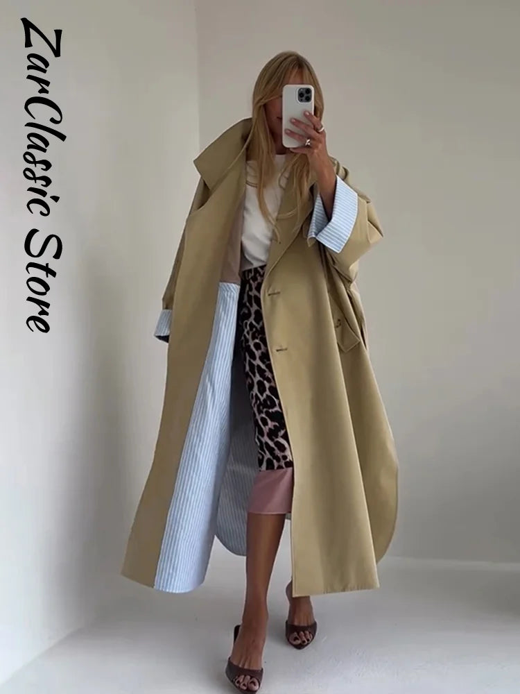 Elegant Khaki Women's Trench Coat Autumn High Neck Full Sleeve Loose Split Long Windbreaker Lady New Casual Chic Jacket 2026