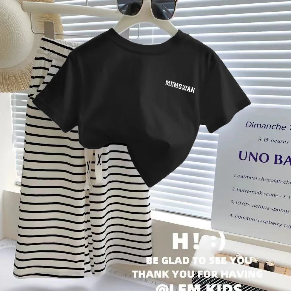 Summer Girls T-Shirt Clothing Sets Kids Short Sleeve Tops+Stripes Pants 2Pcs Suits Fashion Casual Outfits Children Clothes 1-8 Y
