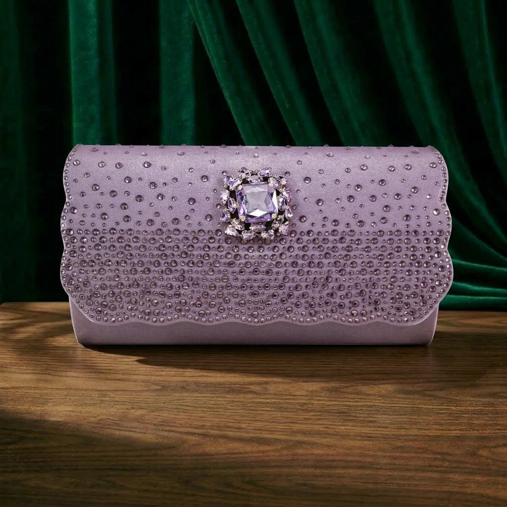 Elegant Lilac Satin Pointed Pumps Decoration Wavy Rhinestone Evening Bag For Wedding Women Heels Shoes Matching Bag Heels S