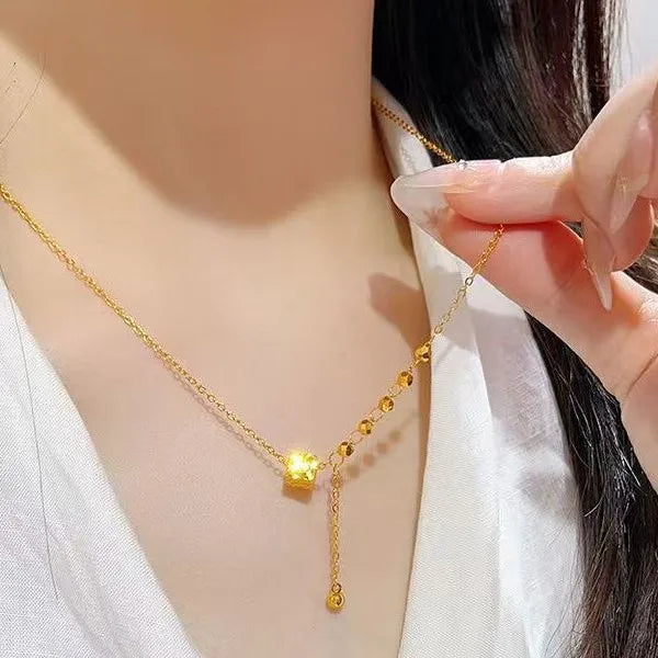 Luxury 24K 9999 Pure Gold real gold Crushed Ice Cube Tassel Pendant INS Fashion Pendant Women's Necklace