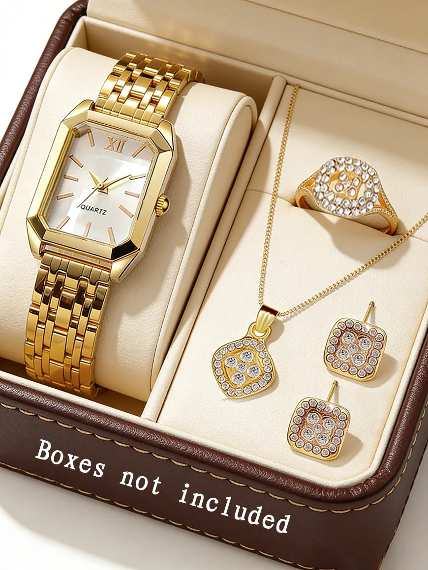 Casual Fashion Square Quartz Watch And Hollow Jewelry Set wi Steel Strap Birthday Gift No Box