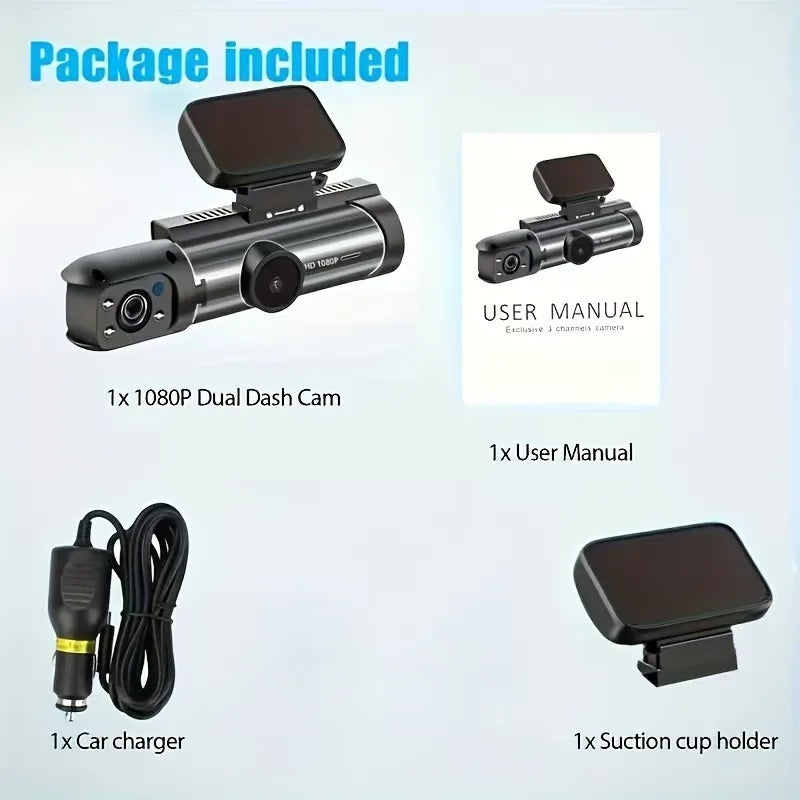 Dual Camera Car Dash Cam 1080P with IR Night Vision, Front and Rear Recording, Wide Angle & Loop Recording DVR
