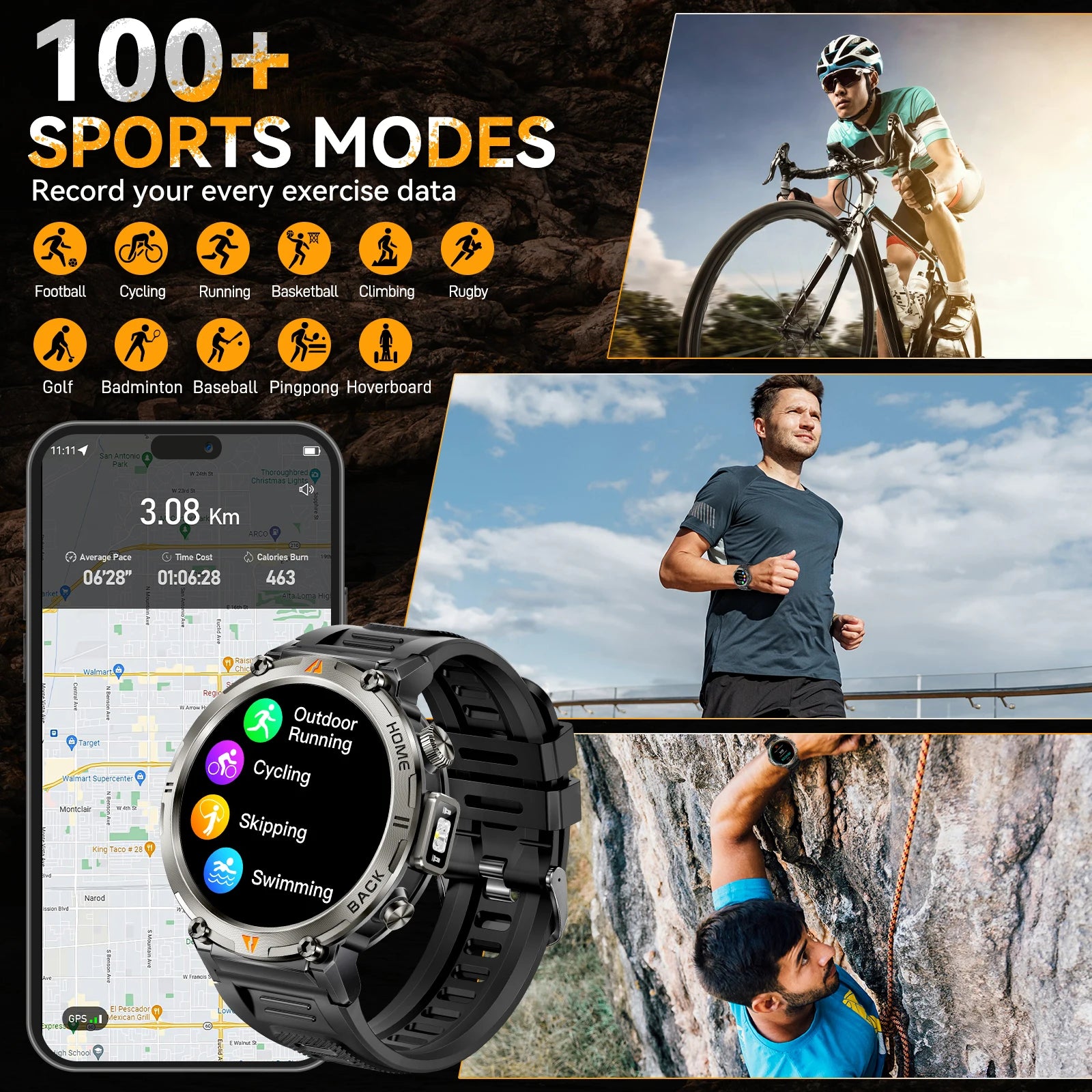 EIGIIS KE3 Smart Watch 3ATM Waterproof Original Design For Men Bluetooth Call Health Monitor With Flashlight 100+ Sports Modes