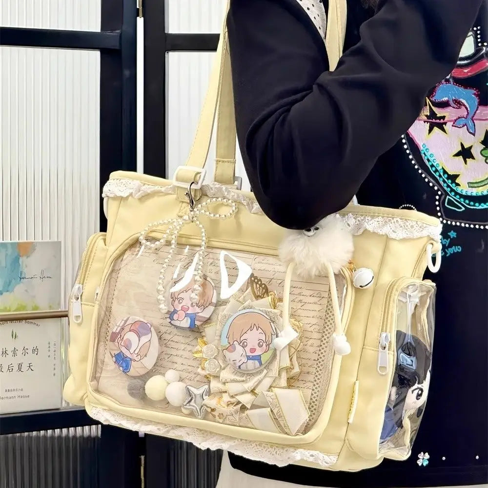 Japanese Sweet Women Ribbon Ita Bag Fashion Large Capacity Tote Bag Aesthetic Shoulder Bag Cute Lolita Girl Transparent Handbags