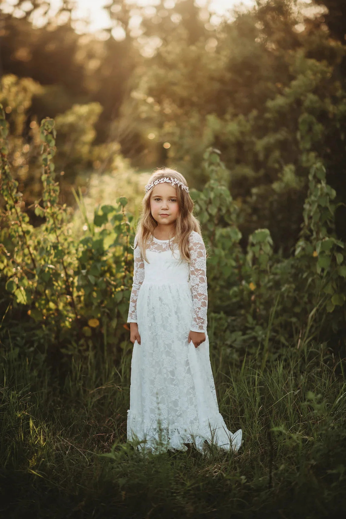 Girls Spring Summer Princess Dress with Lace Rose Embroidery Long Sleeve and Bow Belt