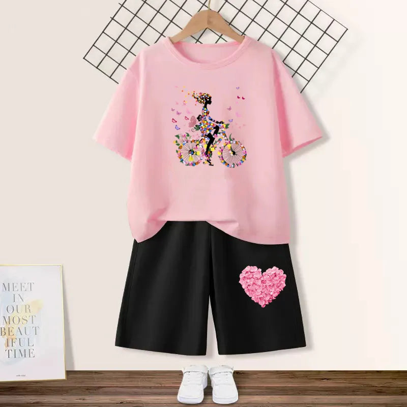 2024 Summer Girls Cotton Clothing Sets Kids Cute Cartoon Butterfly High Heel T-shirt +Shorts 2Pce Suits Childrens Tracksuits