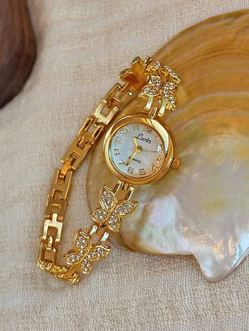1 Piece French Gold Inlaid Dazzling Rhinestone Butterfly-Shaped Women's Watch, Exquisite and Elegant, Stylish and High-End, Vintage Women's Bracelet-Style Quartz Watch, Suitable for Daily Wear, Parties, Holiday Decorations, o