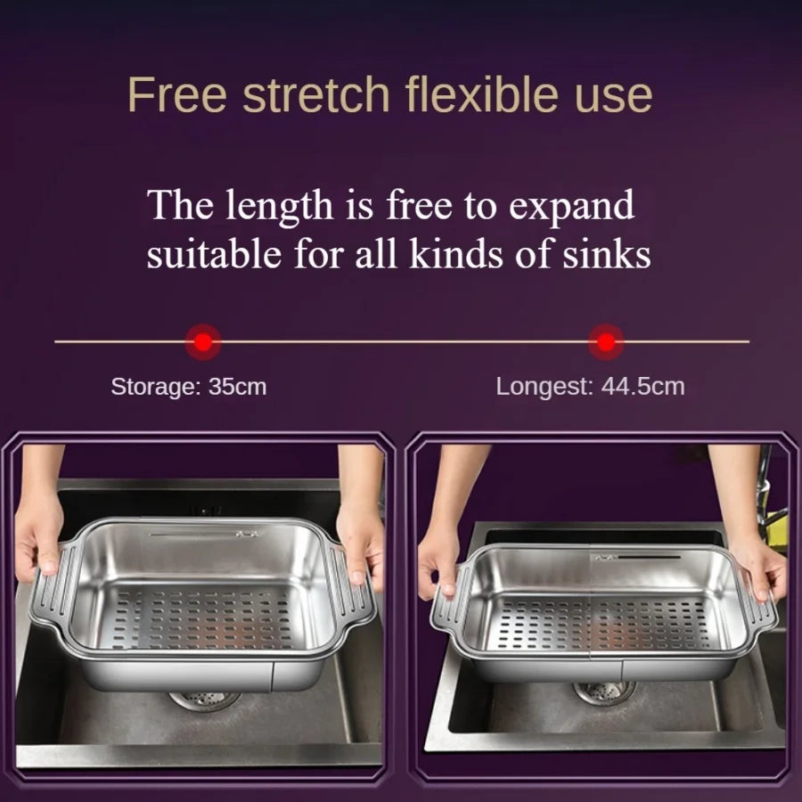 Stainless Steel Telescopic Sink Filter Basket, Adjustable Length, Used for Cleaning Fruits, Draining Spaghetti and Dishes