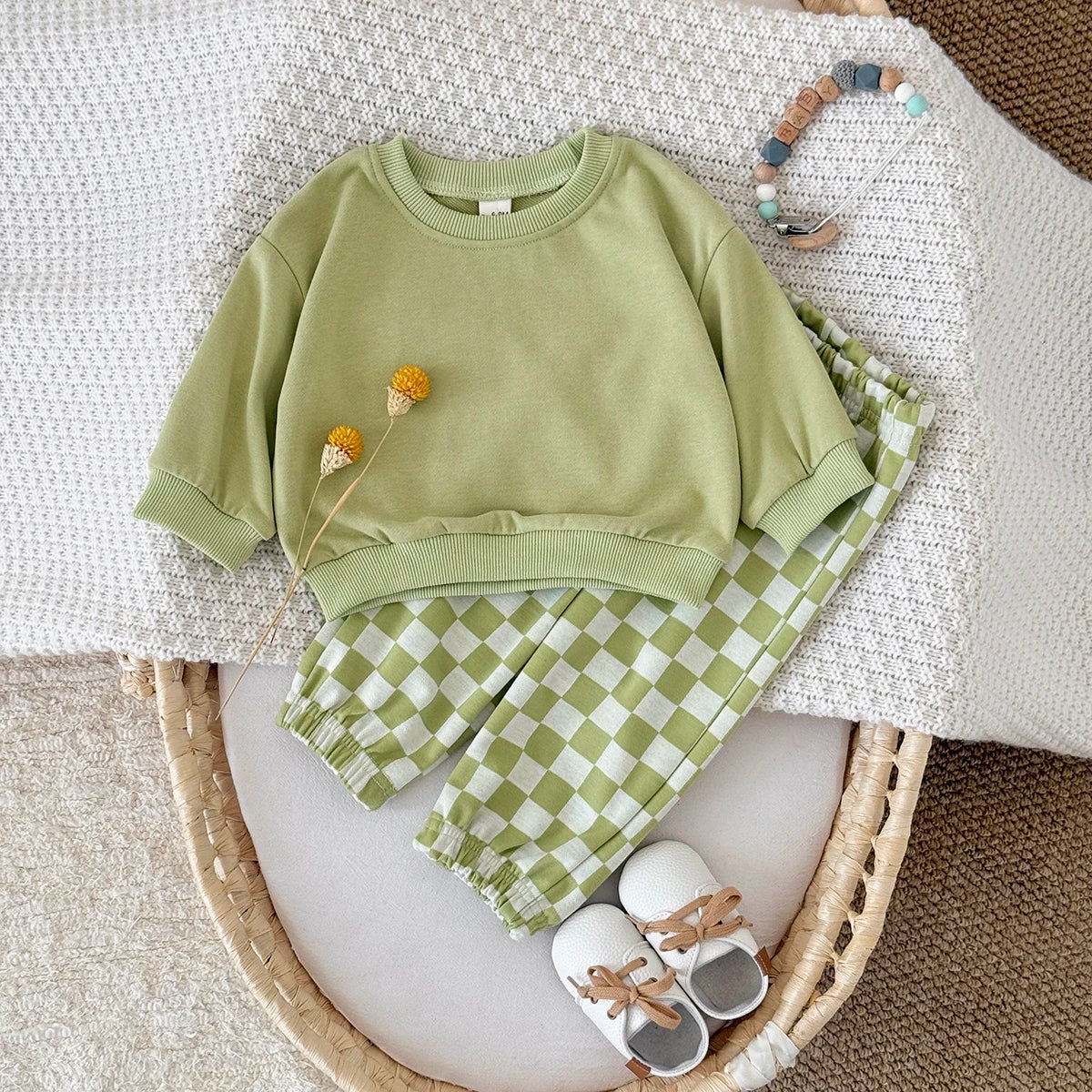 Autumn Fashion Newborn Baby Boys Girls Clothes Comfort Outfit Solid Color Long Sleeves Top+Chessboard Pattern Pants 2Pcs/set