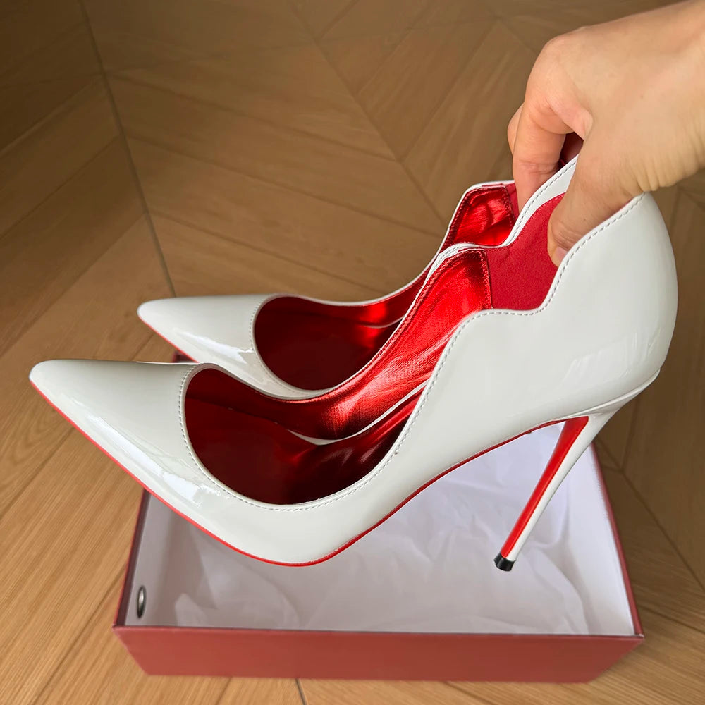 Heelgoo Glossy White Elegant Curl Cut Women Pointy Toe 12cm High Heels Black Dress Shoes Sexy V Cut Lady Wedding Stiletto Pumps