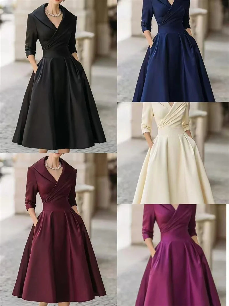 2025 Female Elegant Fashion Long Sleeve Temperament Slim Dress Spring Autumn Solid Casual Long Dress Lady Office A-line Dresses