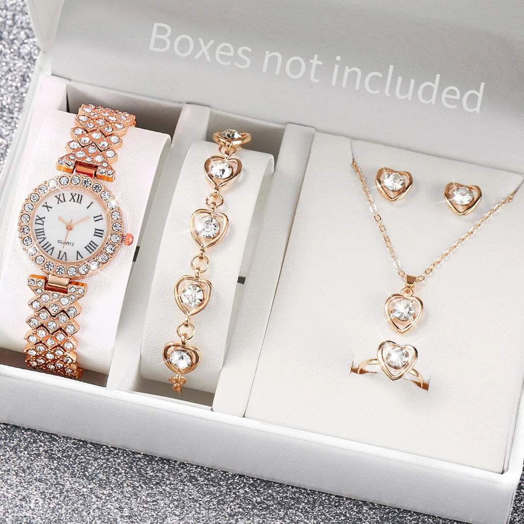 6PCS/Set Luxury Women Watches Fashion Rhinestone Roma Dial Bracelet Band Quartz Watch Jewelry Set Reloj Mujer（Without Box）