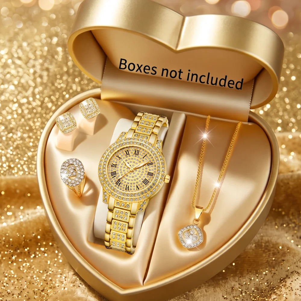 5Pcs/Set Unisex Jewelry Watches Women's Wristwatch Accessories Gold Fashion Business Elegant Classic Exquisite Light Luxury Rhinestone Luxury Bracelet Watch Set Y2K Suitable for Daily Outfits and Our Holiday Gifts