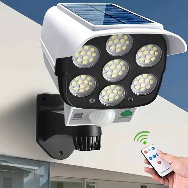 Outdoor Motion Sensor Solar Lights 2000 Lumen 77 LED With Remote Controller Fake Security Camera Monitoring Induction Wall Lamps
