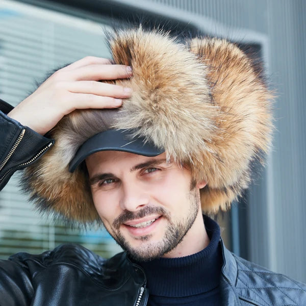 Winter Men's Ushanka Cap Real Silver Fox Fur Hooded Raccoon Fur Trapper Russian Ski Hat Real Leather