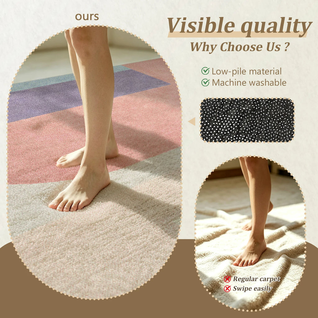 Large Indoor Area Rug, Soft Velvet Low Pile with Non-slip Dotted Backing, Machine Washable Modern Geometric Blush Pink & Light Blue Accent Rug for Living Room, Bedroom, Home Decor
