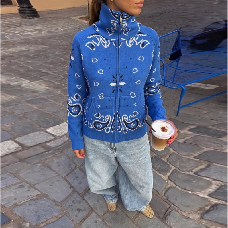 Street Printed Women's Cardigan Knitted Full Sleeve Zippers Stand Collar Pocket Lady Coats 2026 Autumn Chic Female Streetwear