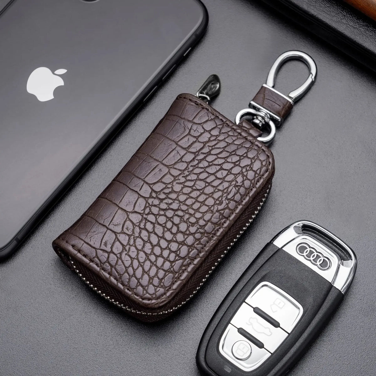 Portable Keychain Wallet for Men Women Large-Capacity Double Zipper Key Pouch Bag Suede Leather Key Case Unisex Coin Purse
