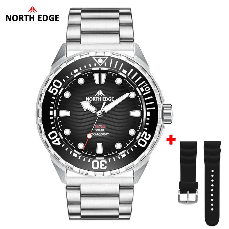 NORTH EDGE TRITON-TI Titanium Stainless Solar-Powered Diving Watch Luxury Quartz Watches For Men 300M Waterproof 180+ Day Power