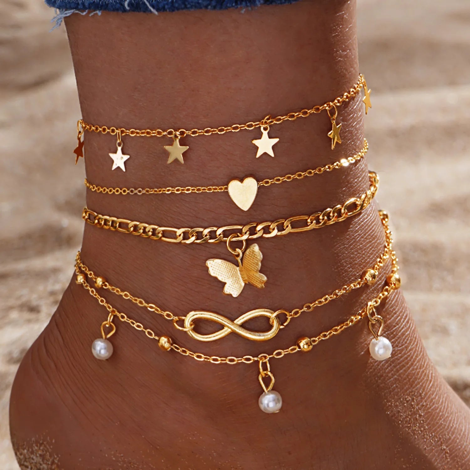 4Pcs Bohemian Butterfly Metal Butterfly Star Heart Pendant Women's Star Heart Pearl Charm Anklet Bracelet Women's Summer Beach Jewelry Accessories