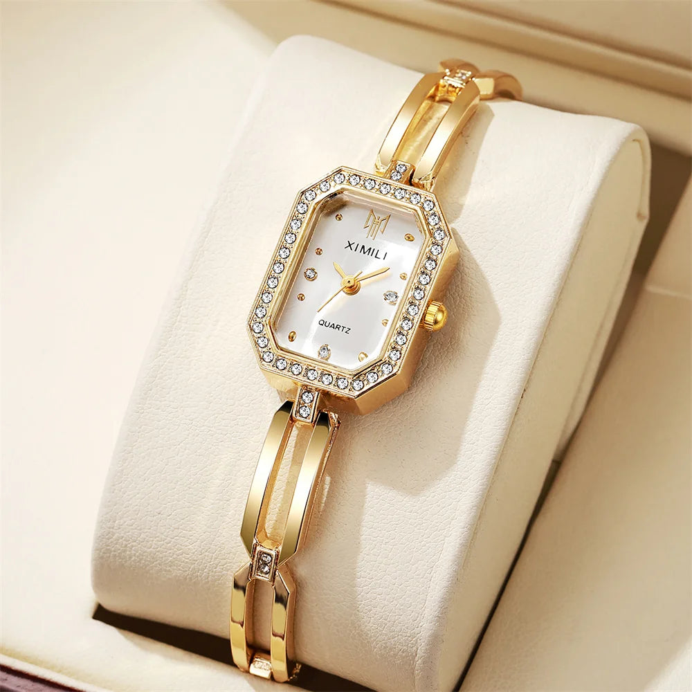 Fashion Rhinestone Rectangle Women Watches Casual Stainless Steel Gold Bracelet Ladies Quartz Wristwatch（Without Box）