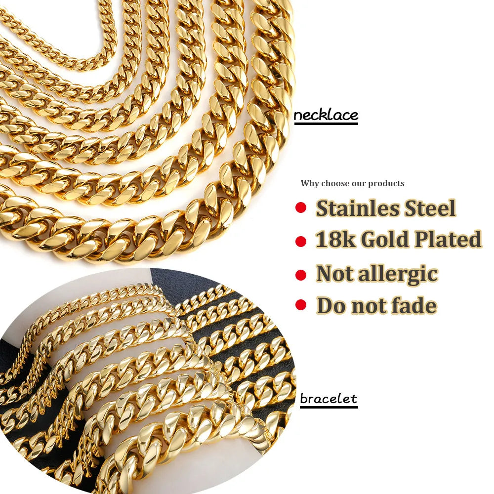 6/8/10/12/14/16MM Hip Hop Cuban Link Necklace For Men Stainless Steel Miami Fashion Jewelry Thick And Thin Rainbow Chains