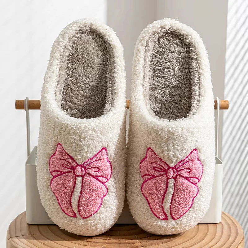 Bow Fluffy Women Slippers Home Lovely Winter Casual Designer Shoes Girls Fashion Plush New Indoor Fuzzy Fur Slides Soft Non-Slip