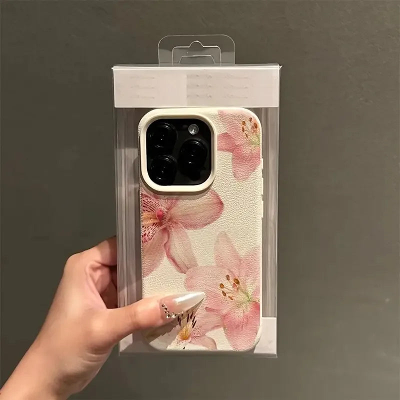Pink Lily Flower Print Phone Case For iPhone 17 16 15 14 13 12 11 Pro Max Elegant Floral Leather Soft Protective Back Cover